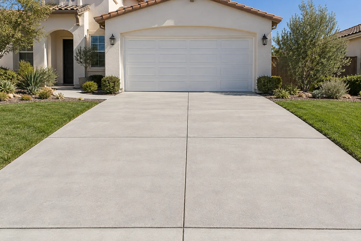 Street-level view of a California home, garage and concrete driveway