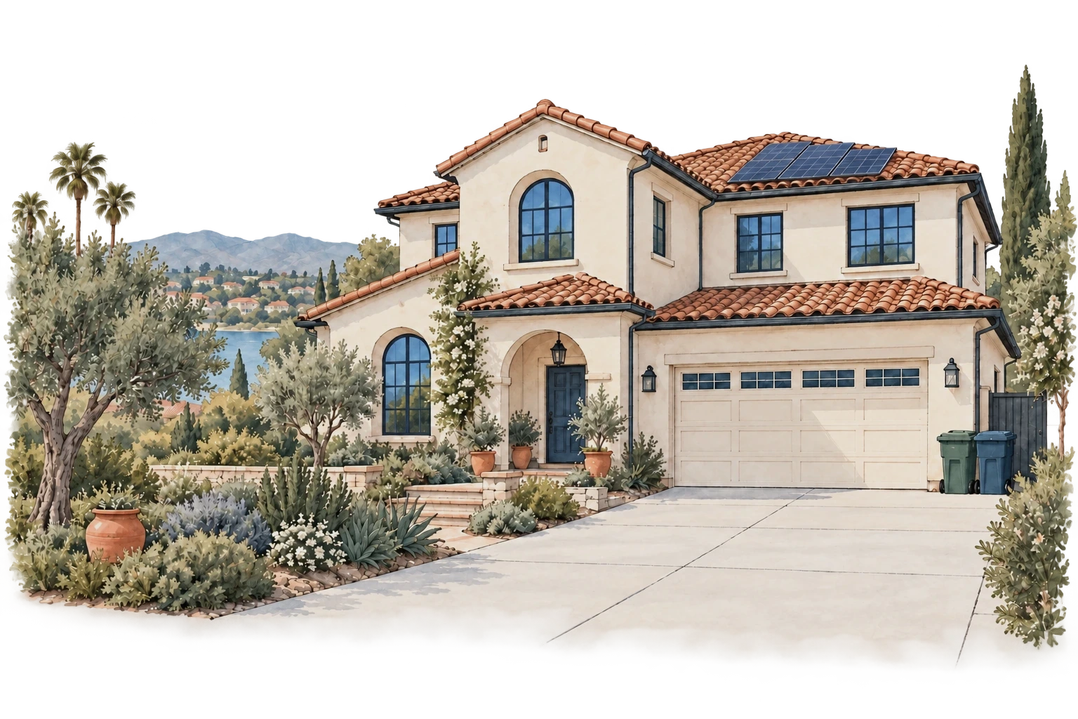 An illustrated Southern California home with terracotta roofs, solar panels and a leafy garden